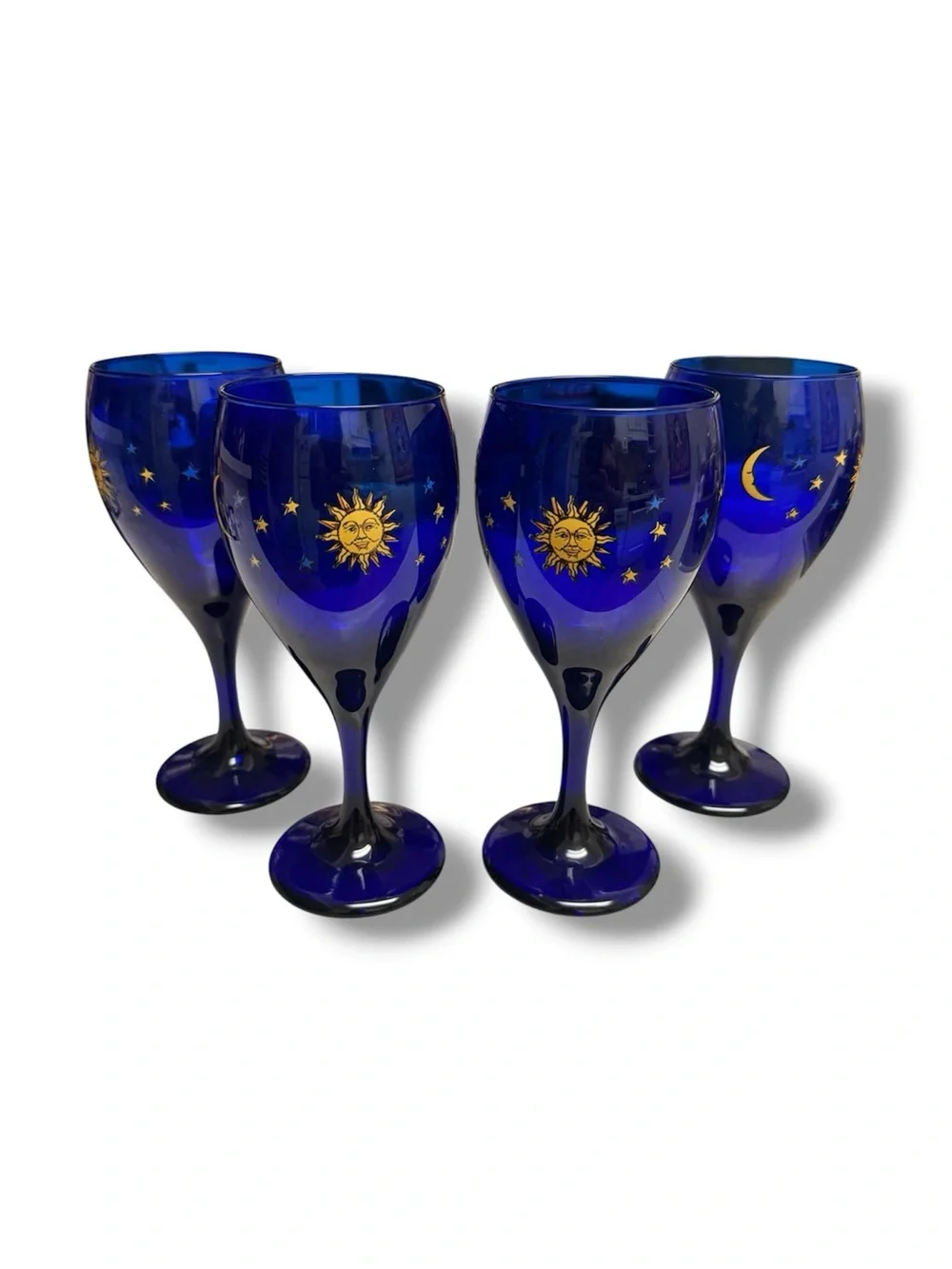 NEW VTG Libbey Celestial Cobalt Blue Wine Glasses Goblets Sun Moon Stars Set 4